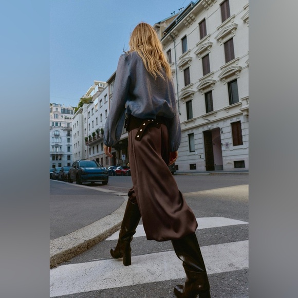 Zara SATIN BROWN BALLOON PANTS XL NWT - Picture 8 of 16